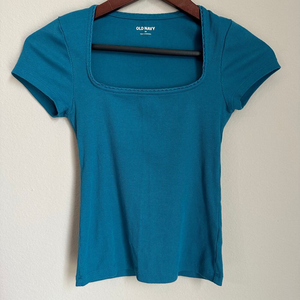 Women's Old Navy Blue Ribbed Tee Y2K Square Neck Cap Sleeve Stretch Size XS